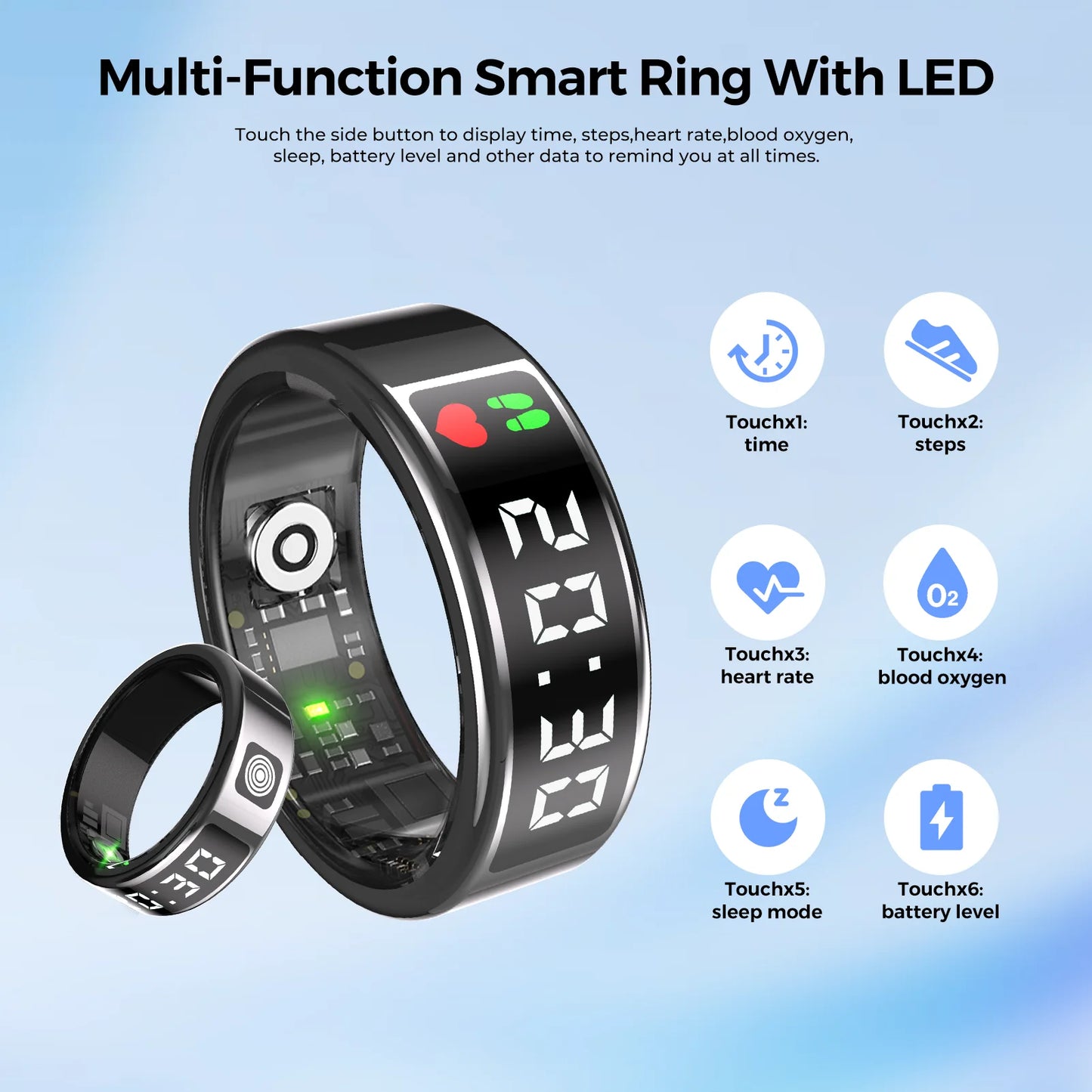 Smart Rings LED Display Screen for Heart Rate Blood Oxygen Sleep Monitoring Multi Sports Modes IP68 Waterproof Ring for Women